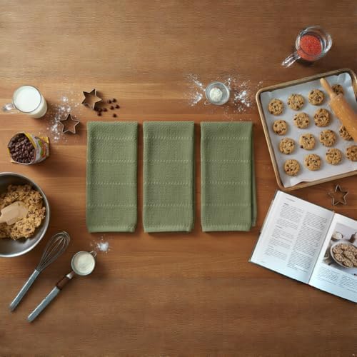 Dark Sage Green Kitchen Hand Dish Towels, Set of 3, 100% Cotton, 18" x 28"