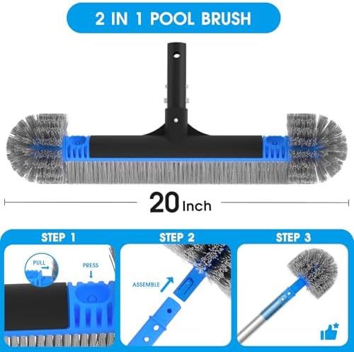20" 2 in 1 Pool Brush Head for Cleaning Walls, Steps & Corners, Wavy Bristles Pool Scrub Brush with Round Ends, Fits 1-1/4" Standard Pole, for Inground & Above Ground Pools, No Pole