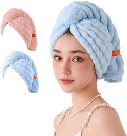 Two Hair Drying Towels, one Sky Blue and the Other Rose Pink.