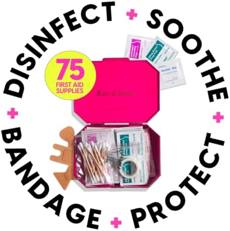 First Aid Kit - 75 Essential First-aid Supplies, Bandages, Wipes, Gold Travel Case - Multipurpose Mini Emergency Kit for Women - Pink Interior - Compact & Versatile - TSA Approved (1 Count)