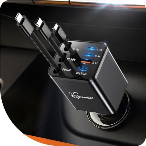 Retractable Car Charger,108W 6 in 1 Super Fast Car Phone Charger with 3 Cords 31.5INCH, USB C Car Charger Adapter for iPhone 18/17/16/15/14/13 Pro Max XR,iPad,Samsung