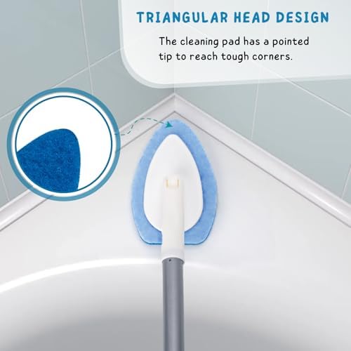 Shower Scrubber, Bathroom Tub and Tile Cleaner Brush with Long Handle, 47'' Bathtub Cleaning Tool with 6 Refill Pads