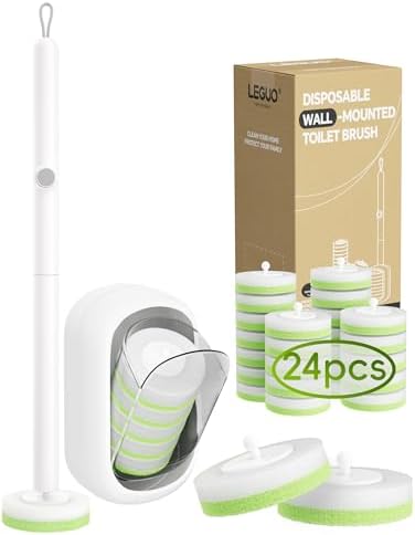 Wall Mounted Disposable Toilet Brush System with Holder, Toilet Bowl Cleaning Wand with Green Refills and One-Button Release, 1 Wand and Holder with 24 Green Refills