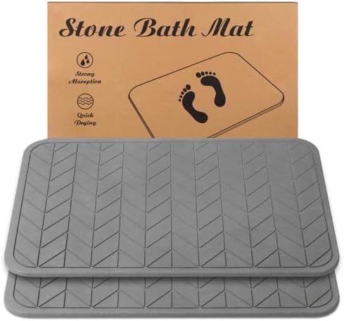 Stone Bath Mat, Diatomaceous Earth Shower Mat, Non-Slip Super Absorbent Quick Drying Bathroom Floor Mat, 2 Pack, Grey