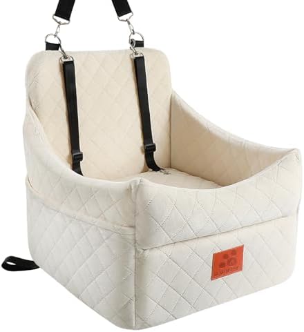 Dog Car Seat for Small/Medium Dogs, Dog Booster Car Seats with Thick Cushion for Dogs Under 35lbs, Detachable Washable Pet Carseat with Storage Pockets, 2 Safety Belts(Beige)