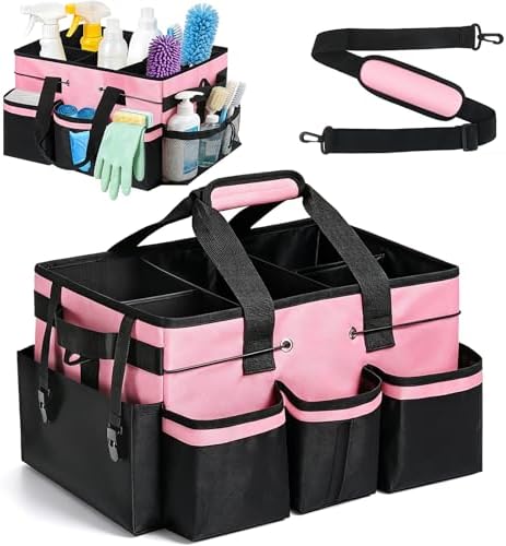 Wearable Large Cleaning Caddy Bag with Dividers, Household Cleaning Caddy for Cleaning Supplies Organizer Car Wash, Cleaner Tote Detailing Bag with Shoulder Strap and Handles for Housekeeper Storage