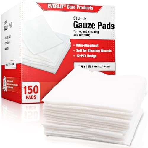[Extra-Thick] 4''x4'' Sterile Gauze Pad 12-Ply, 150 Pack, Individual Wrapped, Ultra Absorbent Large Non-Woven Medical Gauze Sponges for Wound Care Home First Aid Kit