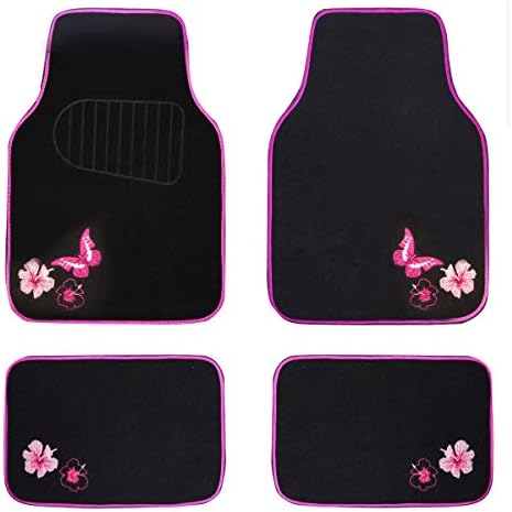 Embroidery Butterfly and Flower Car Floor Mats, Pink Car Floor Mats Universal Fit 95% Automotive,SUVS,Sedan,Vans,for Cute Women,Girly,Set of 4 (Black with Pink)