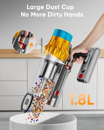 Cordless Vacuum Cleaner, 650W/60KPA/70 Mins Vacuum Cleaners for Home,Self-Standing Wireless Vacuum, Anti-Tangle Brush, Smart Display,1.8L Cup Cordless Stick Vacuum Cleaner for Pet Hair/Carpets (Gold)