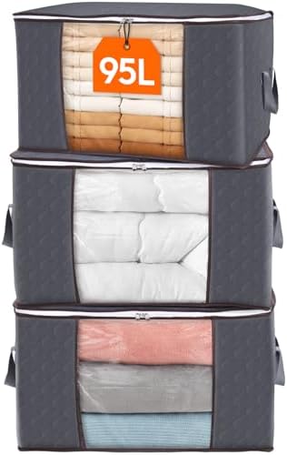 3 Pack 90L Clothes Storage Bins with Lids, Foldable Blanket Storage Bags with Zippers, Clear Window and Reinforced Handles, Closet and Organization for Clothing, Sweater, Comforter, Bedding