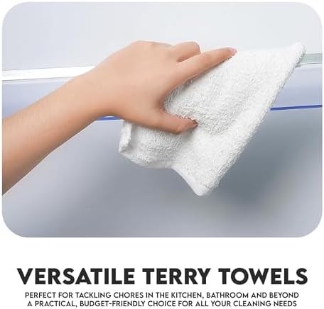 Terry Bar Mop Towels - 60 Pack (14"x17") White Cotton Terry Cloths, Super Absorbent Cleaning Rags, Reusable Bar Mop Towels for Kitchen, Garage, Salon, Spa & Commercial Use