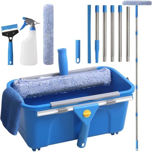 11PCS Window Cleaning Kit Washing Tool, Bucket 3 Gallon, 76 inch Long Handle Window Squeegee and Microfiber Scrubber,Equipped with Replaceable Squeegee and Scrubber for Home Business Use