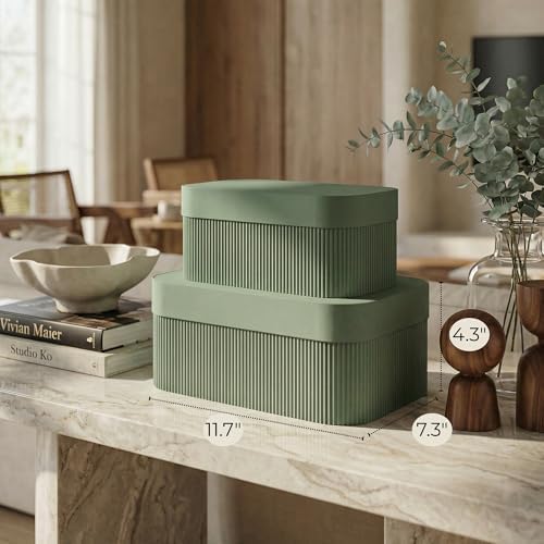Decorative Storage Boxes with Lids - Set of 2 Fluted Photo Organizer Bins