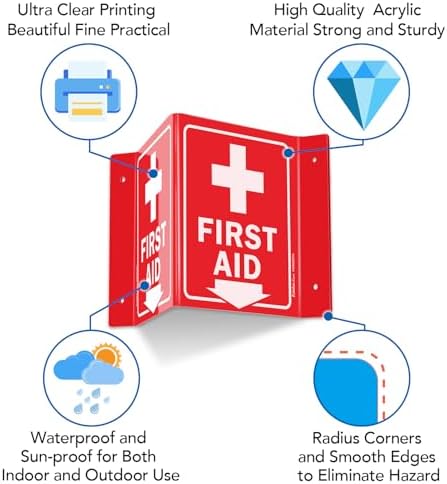 First Aid Sign, 3 Pack First Aid with Cross Symbol - 6 x 8 Inches V-Shaped Acrylic Plastic, 4 Pre-Drilled Holes, Includes Matching Screws, Use for Home Office/Business