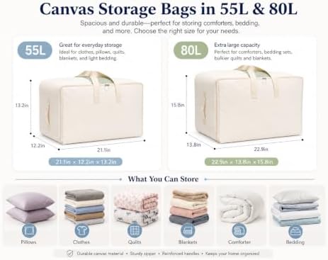 Soft Canvas Storage Bags for Comforter Bedding, Blankets, Quilt, Pillows