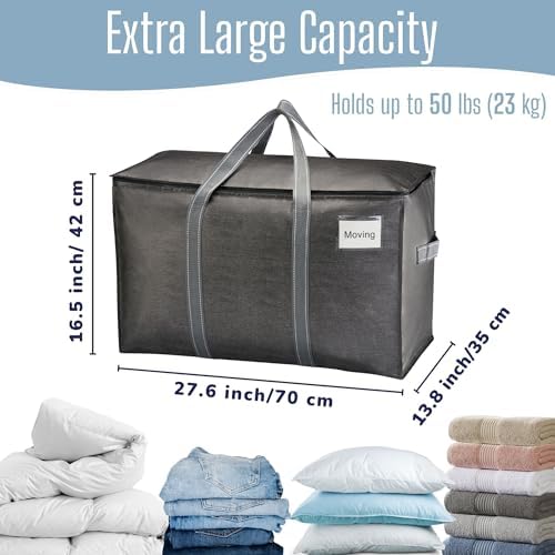 4 Pack Heavy Duty Moving Bags, Extra Large Storage Bags with Reinforced Handles & Strong Zippers, Foldable & Reusable Moving Box Alternative for Clothes & Dorm Storage