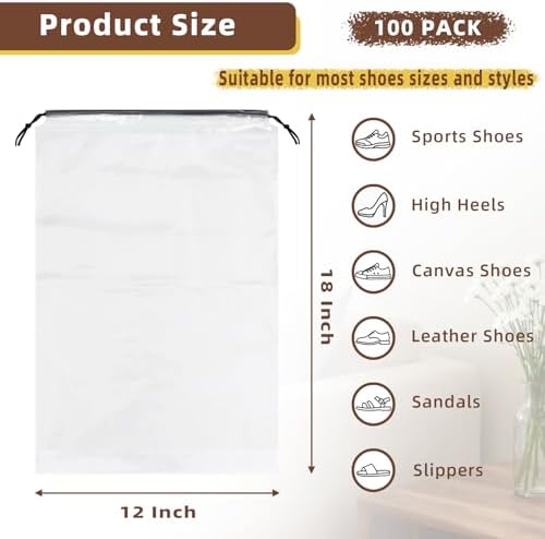Clear Large Shoe Bags for Travel, 12 x 18 Inch, 100 Pack