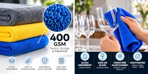 Microfiber Towels, Gray Yellow Blue, 6 Pack, 16 x 16 in