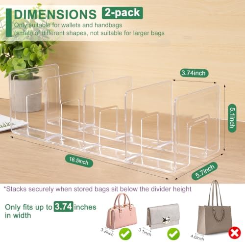2 Pack Acrylic Purse Organizer for Closet, 8-Slot Bag & Purse Organizer, No Assembly, Clear Handbag Storage Shelf.for Shelf Divider Handbags, Clothes, Sweater
