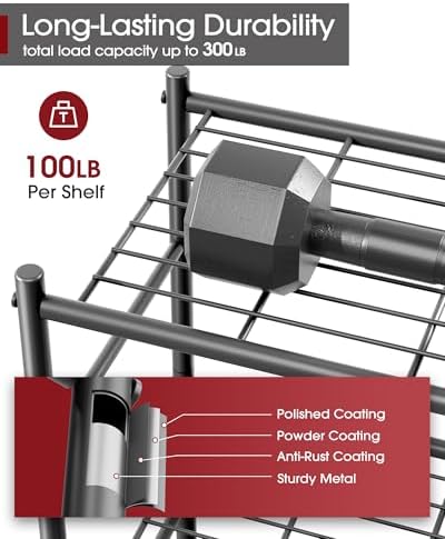 3-Tier Metal Storage Shelves Adjustable Feet, 18"x12"x30", Black