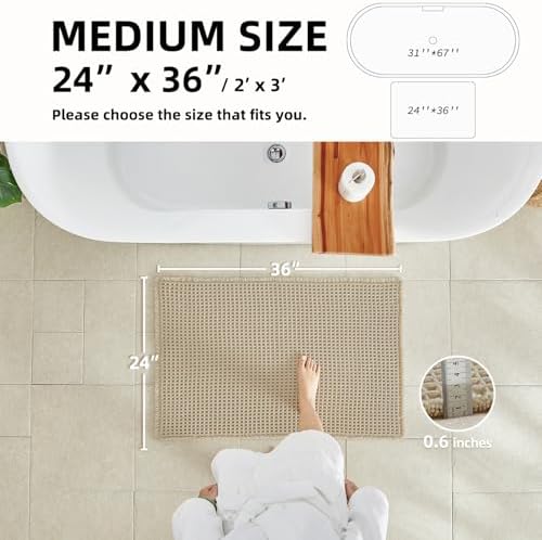 Waffle Bath Mat, Boho Bathroom Rugs Non Slip, 36x24 Pale Beige