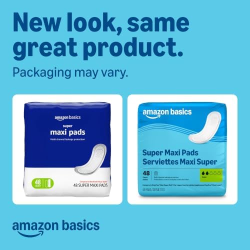 Maxi Pads for Periods- Thick, Super Absorbency, Unscented, 192 Count, (4 Packs of 48), Packaging May Vary