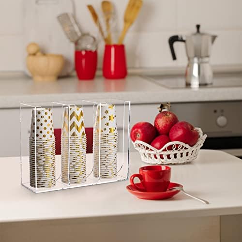 Acrylic Coffee Cup and Lid Storage Organizer, 3 Compartment Disposable Paper Cup Dispenser Organizer, Clear Plastic Cups and Lids Holder for Kitchen Coffee Bar Shop Party Supplies