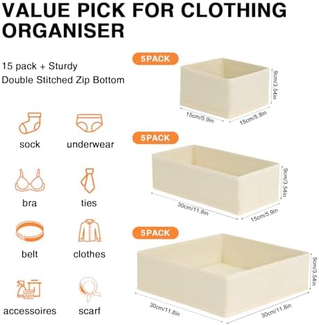 Drawer Organizer Clothes 15 Pack - Foldable Baby Organizers and Storage & Closet Organizers for Bedroom, Closet - Nursery Organization Dresser Dividers for underwear, Sock,Bra, Belt, Tie, Beige