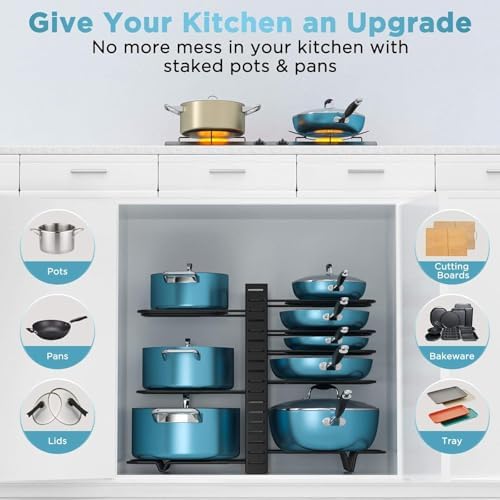 Pots and Pans Organizer Under Cabinet 16.6", 8-Tier Adjustable Rack
