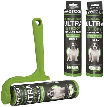 Evercare Ultra Sticky Pet Mega Lint Roller Value Pack, Manual Clothes & Furniture Cleaner with Handle and 2 Refills, 50 Sheets Each