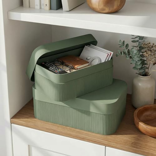 Decorative Storage Boxes with Lids - Set of 2 Fluted Photo Organizer Bins