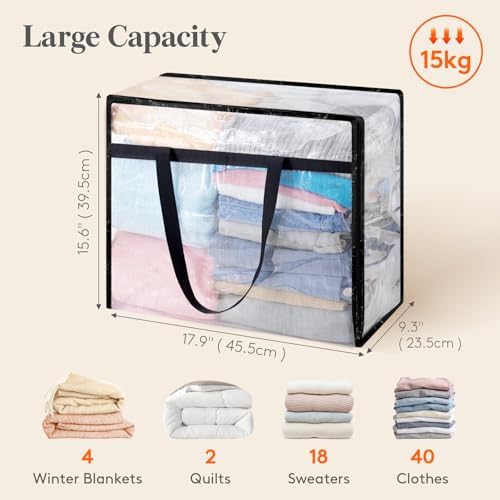 6 Pack Clear Storage Bags, 45L Clothes Organizer with Zipper