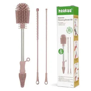 Haakaa Silicone Cleaning Brush Kit,Pink,Portable Bottle Brush Cleaner
