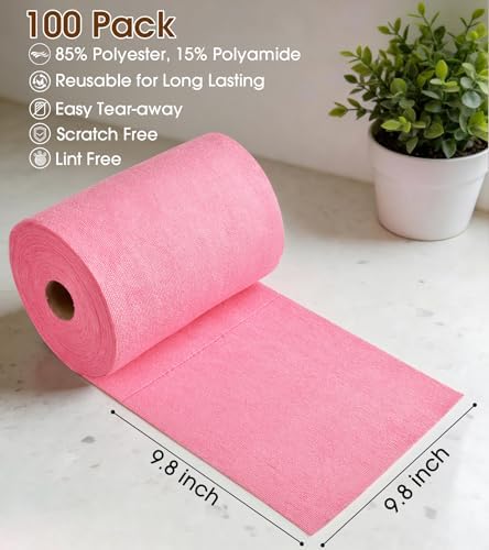 Microfiber Cleaning Cloth Roll, 100 Pack - Tear-Away Microfiber Paper Towels, Lint-Free, Reusable, Washable for Kitchen, Car, Dishes, and Sensitive Surfaces (Pink)