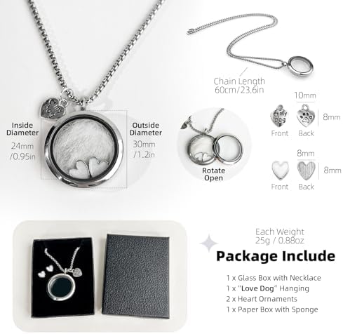 Dog Fur Hair Keepsake Necklace, Ashes Memory Urn with Charm, Glass Circle Memorial Pendant Necklace, Pet Cremation Memorial Jewelry for Women Men, Vial Necklace for Ashes