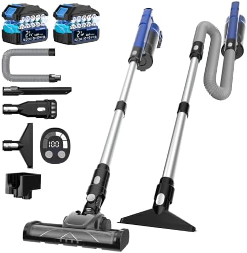 60 KPA Cordless Vacuum Cleaners for Home, 2 x 5000mAh Portable Stick Vacuum Cordless Rechargeable,Anti-Tangle Brush, Smart Display, Lightweight Wireless Vacuum for Pet Hair Hardwood Floors Carpet
