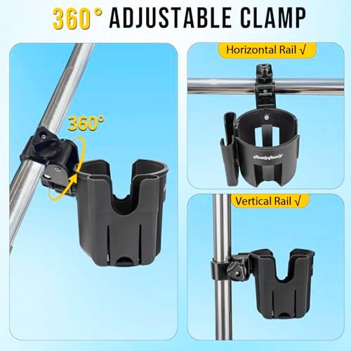 Boat Rail Cup Holder 2 Pack, No-Drill Clamp-On Marine Cup Holders 360° Adjustable for Pontoon Boat, Bimini Top, Grab Bar, PWC, Jet Ski, Fits Round & Square Rails 15-40mm, Boat Gifts for Men