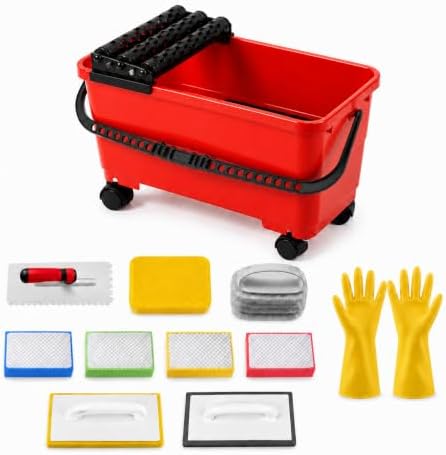 12 Pack Grout Cleaning System Set, 6 Gallon Grouting Bucket with 3 Spiral Rollers, 2 Rubber Floats, 2 Grout Sponges, 4 Diamond Hand Pads, Tile Trowel, Tiling Tools for Ceramic Tile Work