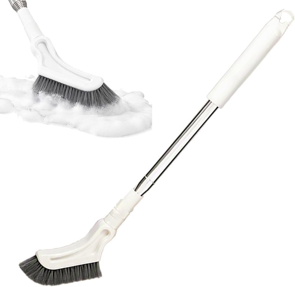Multifunctional Extendable Long Handle Floor Scrub Brush, Curved Toilet Brush Head, 15.16"-45.28" Stainless Steel Handle, Detachable Bathroom Cleaning Brush (1pcs)