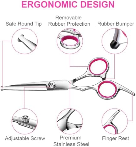 Dog Grooming Kit, Professional Stainless Steel Dog Grooming Scissors with Curved Shears, Pink Finger Rings - 4 Piece Sharp Durable Pet Shears for Dogs Cats At Home Salon-Quality Grooming