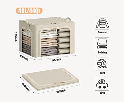 3 Openings Clothes Storage Bins with Metal Frame, Foldable Storage Bin for Clothes, Clothing Storage Bins with Lid, Linen Storage Box With Clear Window＆ Zippers＆ Durable Handles.(3 Pcs,Beige,40L)
