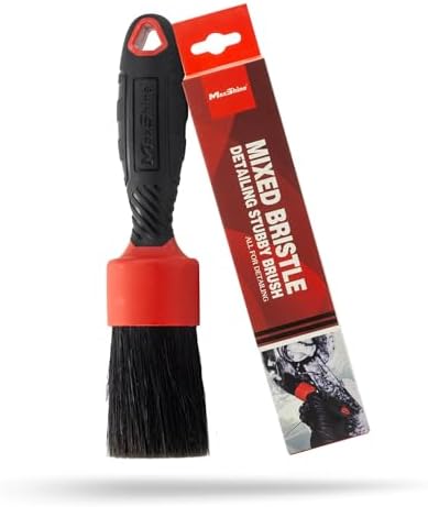 Stubby Boar Hair Detailing Brush - Premium Detail Brush with 100% Natural Boar Hair Mixed Fiber for Auto Detailing, Wheels, Engine, Interior, Air Vents Cleaning - Bestselling Tool - Red