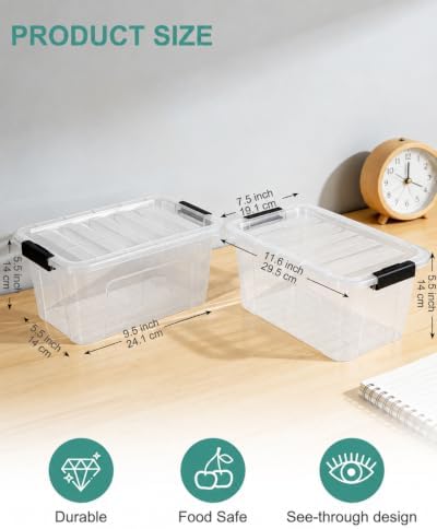 Plastic Storage Bins with Lids 6 Pack, 6.7 Quart Storage Containers With Black Buckle Latch, Stackable Storage Organizers for Home Pantry Office Classroom Organization, Clear