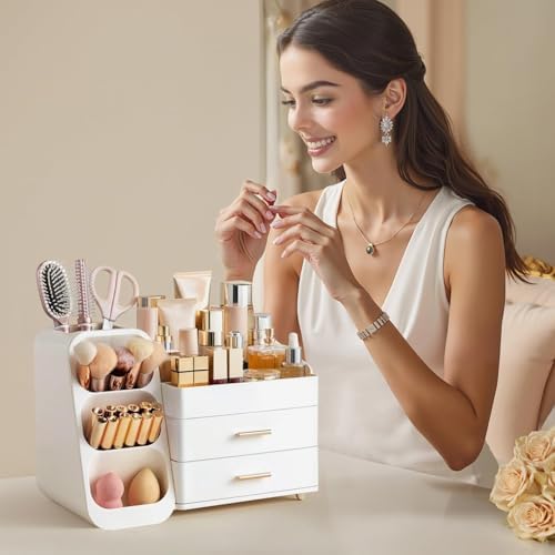 Makeup Organizer with Brush Holder for Vanity, Large Plastic Bathroom Countertop Organizer Skin Care Storage, Easy to Store Lipsticks, Nail Polishes, Perfumes, Eyeshadow Palettes, All White