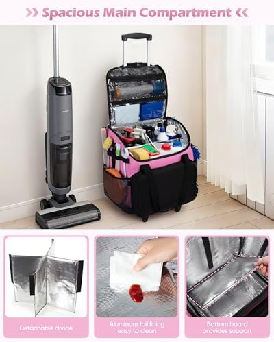 Large Rolling Cleaning Caddy Bag with Detachable Trolley, Pink