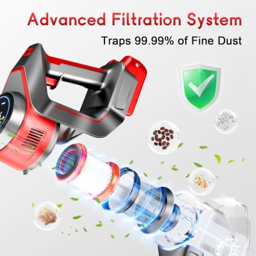 Cordless Vacuum Cleaner for Home - Powerful, 40Kpa Stick Vacuums Lightweight with Detachable Battery Display, Max 45Mins Runtime, 8 in 1 Handheld Vacuum for Hardfloor & Carpets Pet Hair, Red