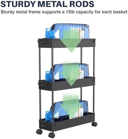 3 Tier Rolling Cart with Wheels, Storage Craft Art Trolley Organizer Serving, 3 Hanging Baskets Easy Assembly, for Office, Bathroom，Living Room, Kitchen, Black