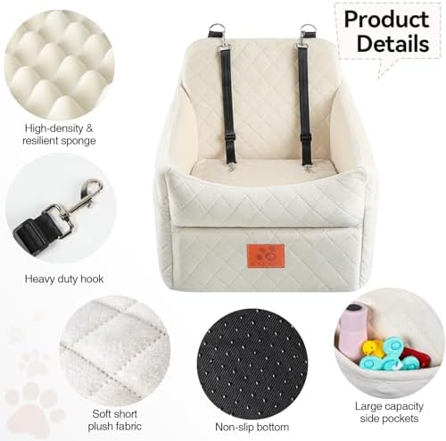 Dog Car Seat for Small/Medium Dogs, Dog Booster Car Seats with Thick Cushion for Dogs Under 35lbs, Detachable Washable Pet Carseat with Storage Pockets, 2 Safety Belts(Beige)
