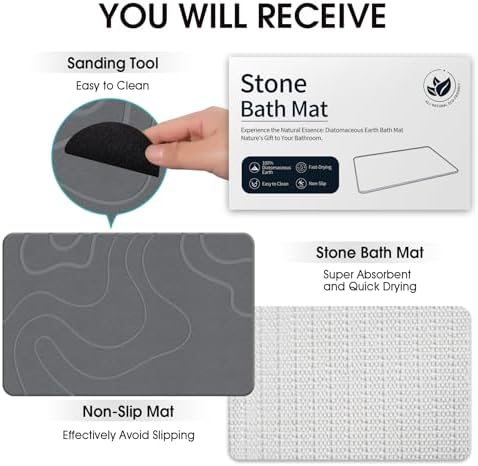 Stone Bath Mat for Bathroom, Diatomaceous Earth Shower Mat, Quick Dry, Grey