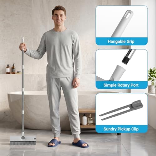 3 in 1 Floor Scrub Brush with 52" Long Handle, Heavy-Duty Stiff 90° Bristle Floor Scrubber, Shower Scrubber with Squeeze, Cleaning Brush for Bathroom Pool Garage Glass Tile Concrete White